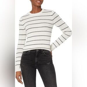 VINCE Cotton Lightweight Mesh White Black Stripe Crewneck Long Sleeve Sweater S